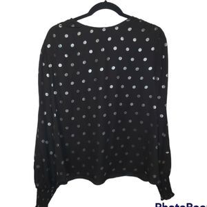 NWT Suzy Shier large metallic pola dot blouse smocked wrists